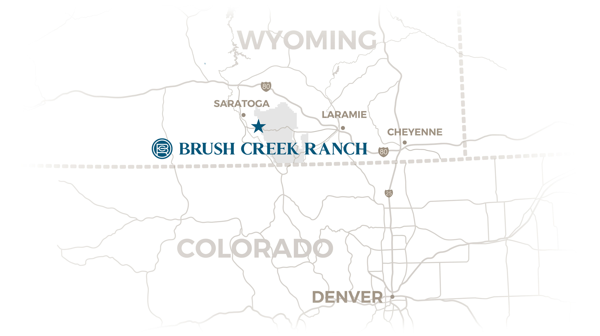 A map of Brush Creek Ranch nestled in Wyoming, next to Colorado